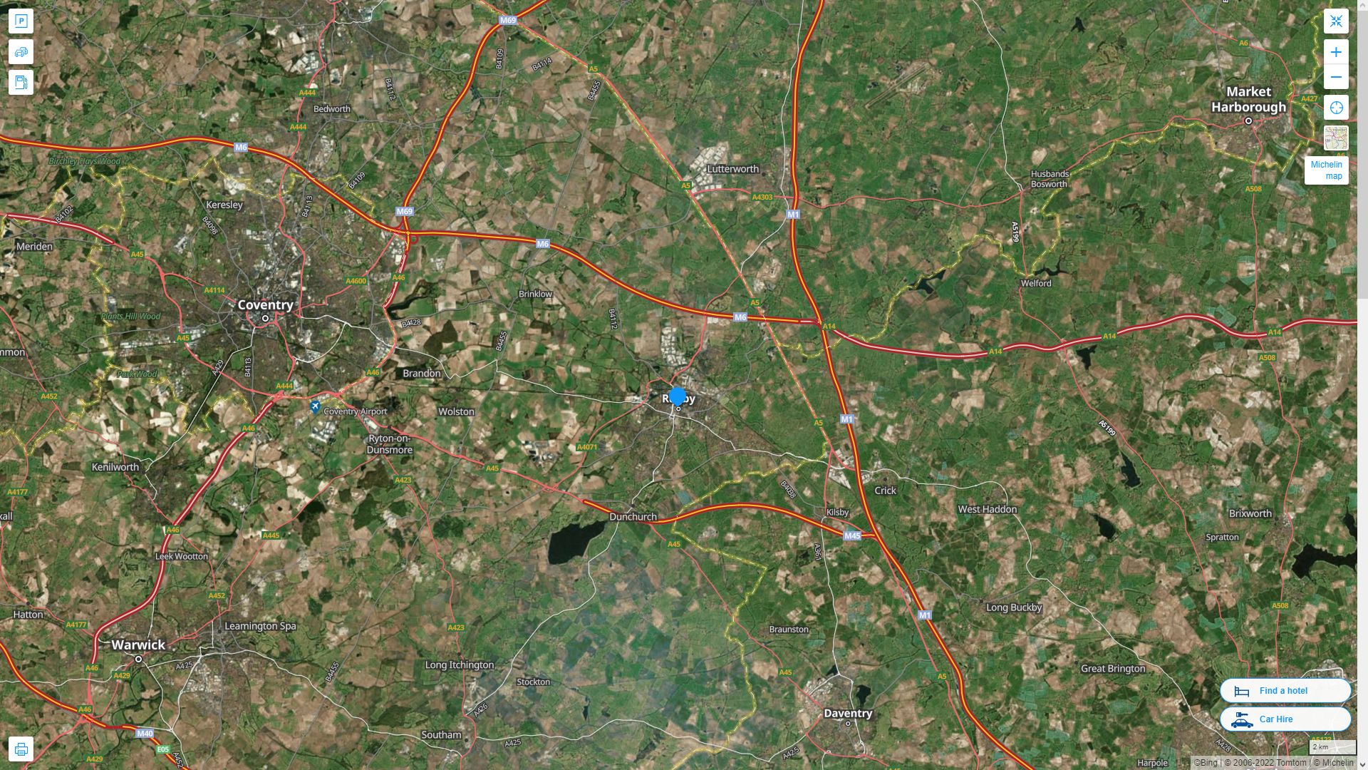 Rugby Royaume Uni Autoroute et carte routiere avec vue satellite